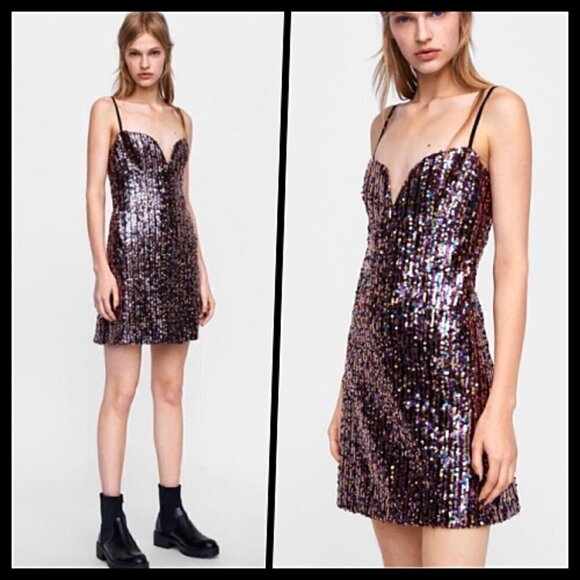Zara Sequin Mini Party Dress Spaghetti Strap - Picture 1 of 8